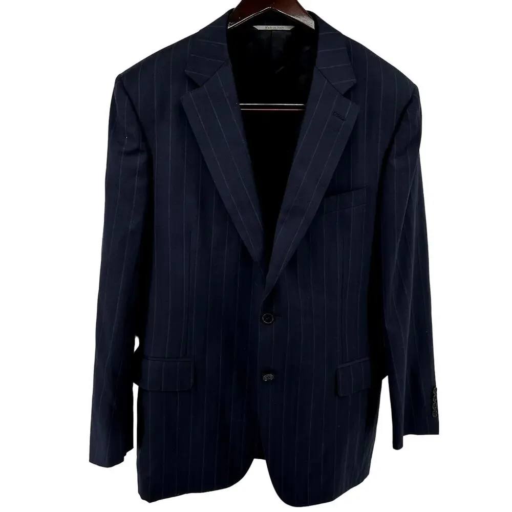 Canali Fine Pinstripe Suit Set Pure Wool Notch Lapel Dress Pants Navy Blue 54R